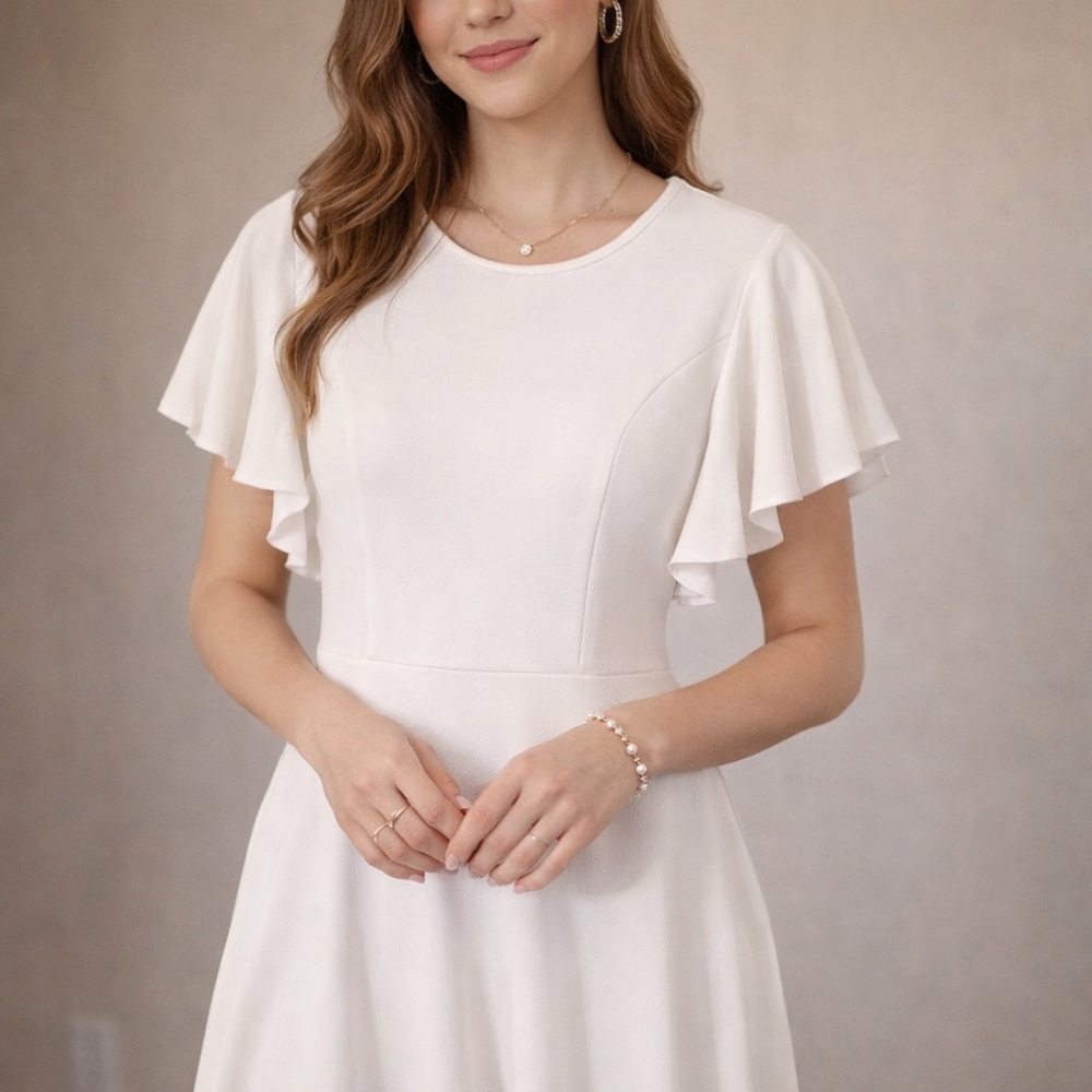 Aphratti White Flutter Sleeve Fit & Flare Dress | Size L | NWT